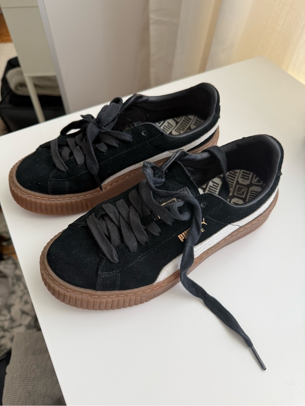 Puma Black White Suede Low-Top Sneakers with Brown Platform size7